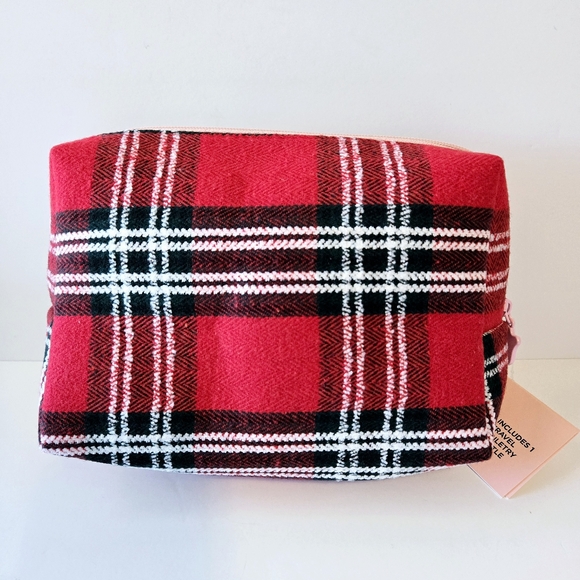Juicy Couture Cosmetic Bag Red/Black Makeup Toiletry Bag Scottish Tartan Plaid - Picture 2 of 4